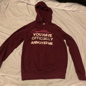 Burgundy hoodie 
15” Length inseam 
16” Width Inseam